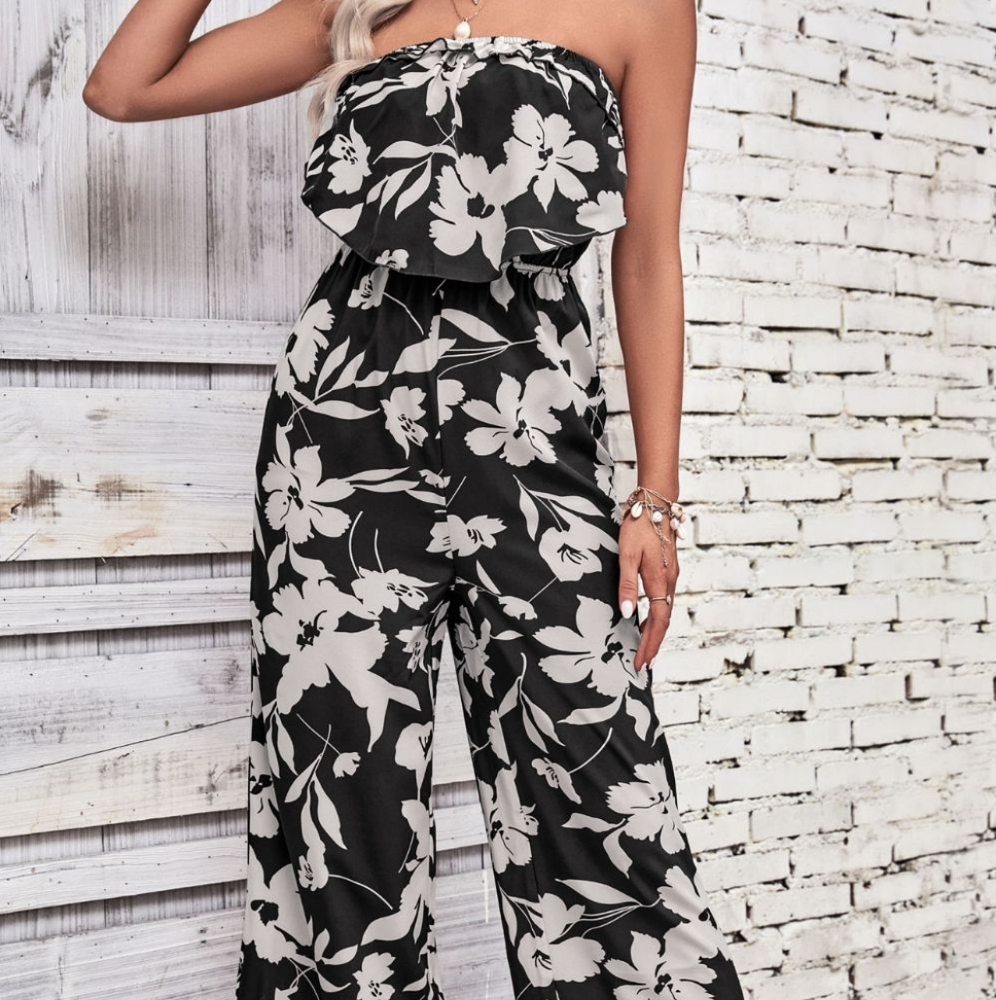 Perfee Floral Strapless Wide Leg Jumpsuit